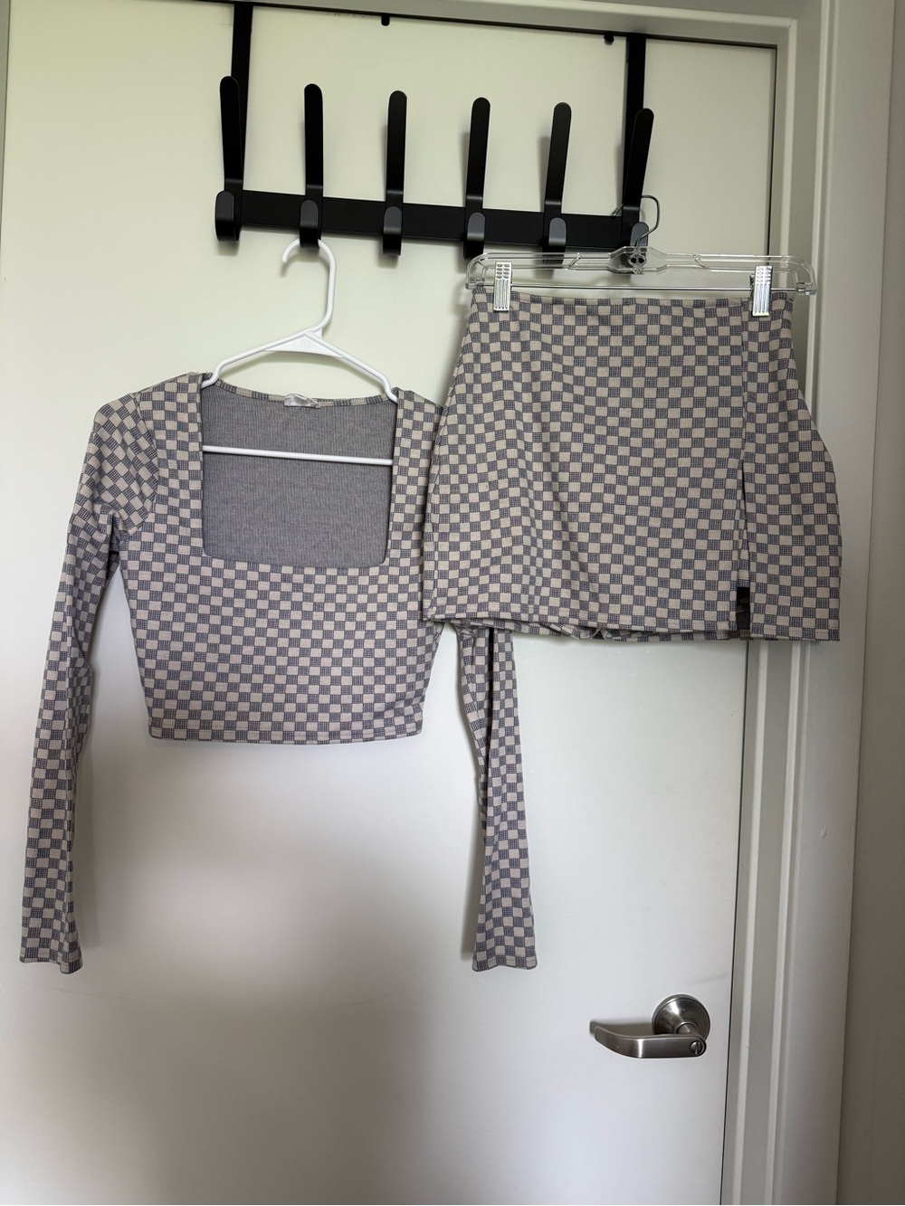 Checkered Two-Piece Crop Top & Mini Skirt Set - Beige & Blue